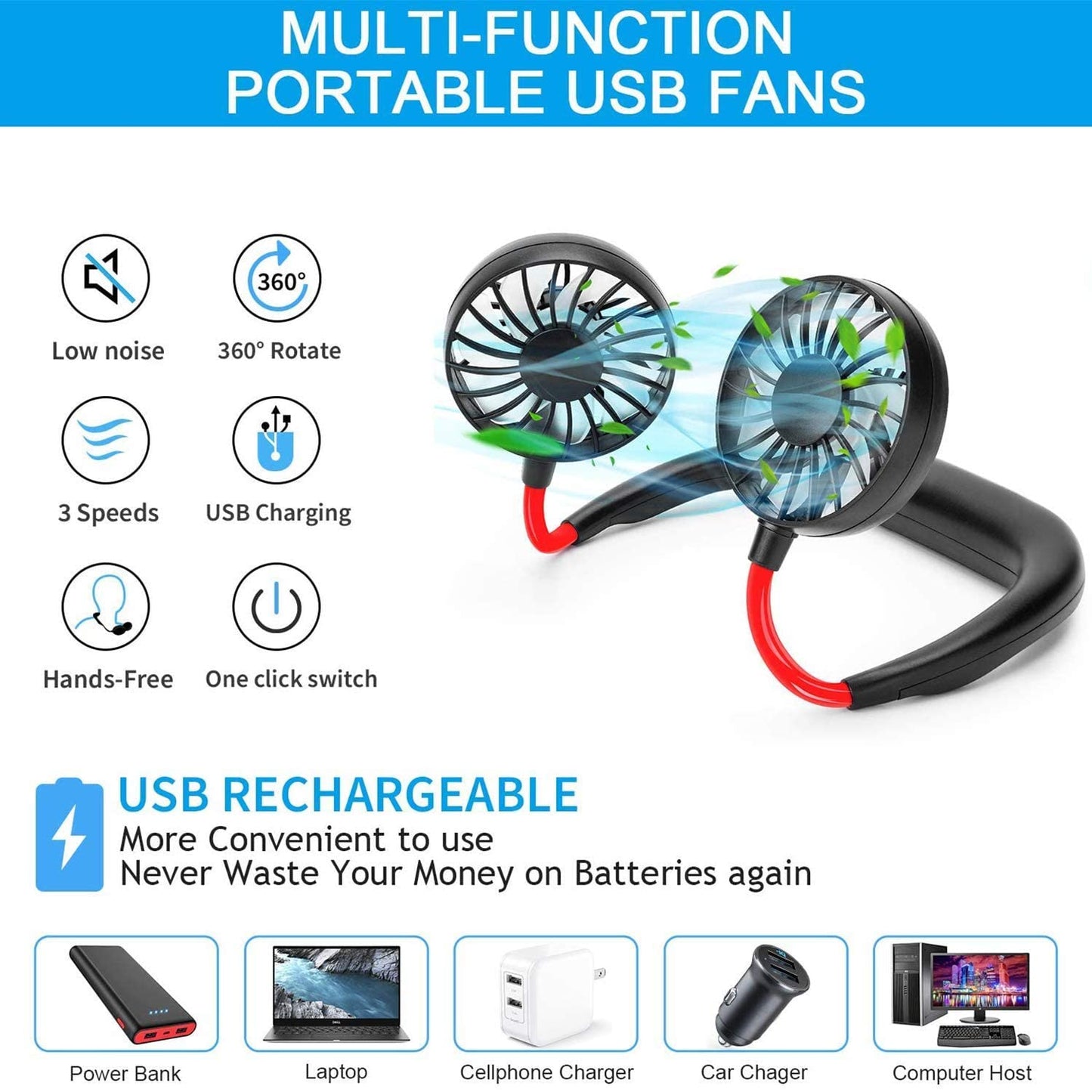 Portable Neck Fan comes with USB Rechargeable, Hands-Free Bladeless Mini Fan with 3 Speed