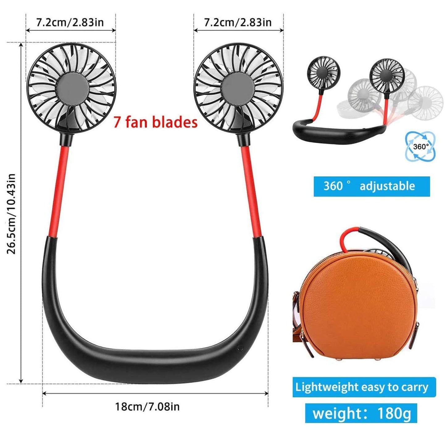 Portable Neck Fan comes with USB Rechargeable, Hands-Free Bladeless Mini Fan with 3 Speed